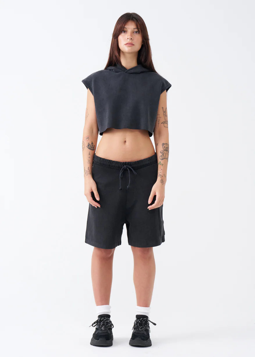 14 OZ Womens Sleeveless Garment Dye Interlock Hooded Crop Top Short Set