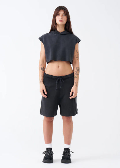14 OZ Womens Sleeveless Garment Dye Interlock Hooded Crop Top Short Set