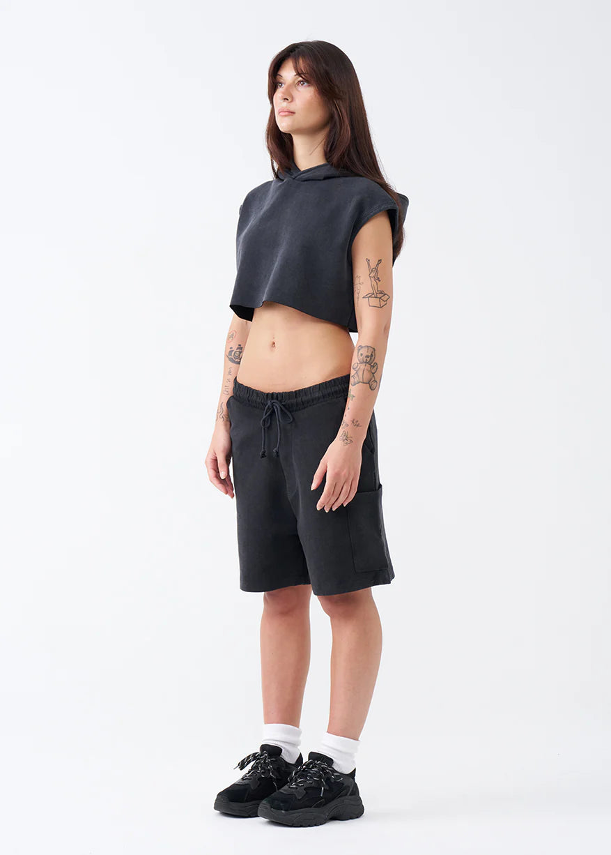 14 OZ Womens Sleeveless Garment Dye Interlock Hooded Crop Top Short Set