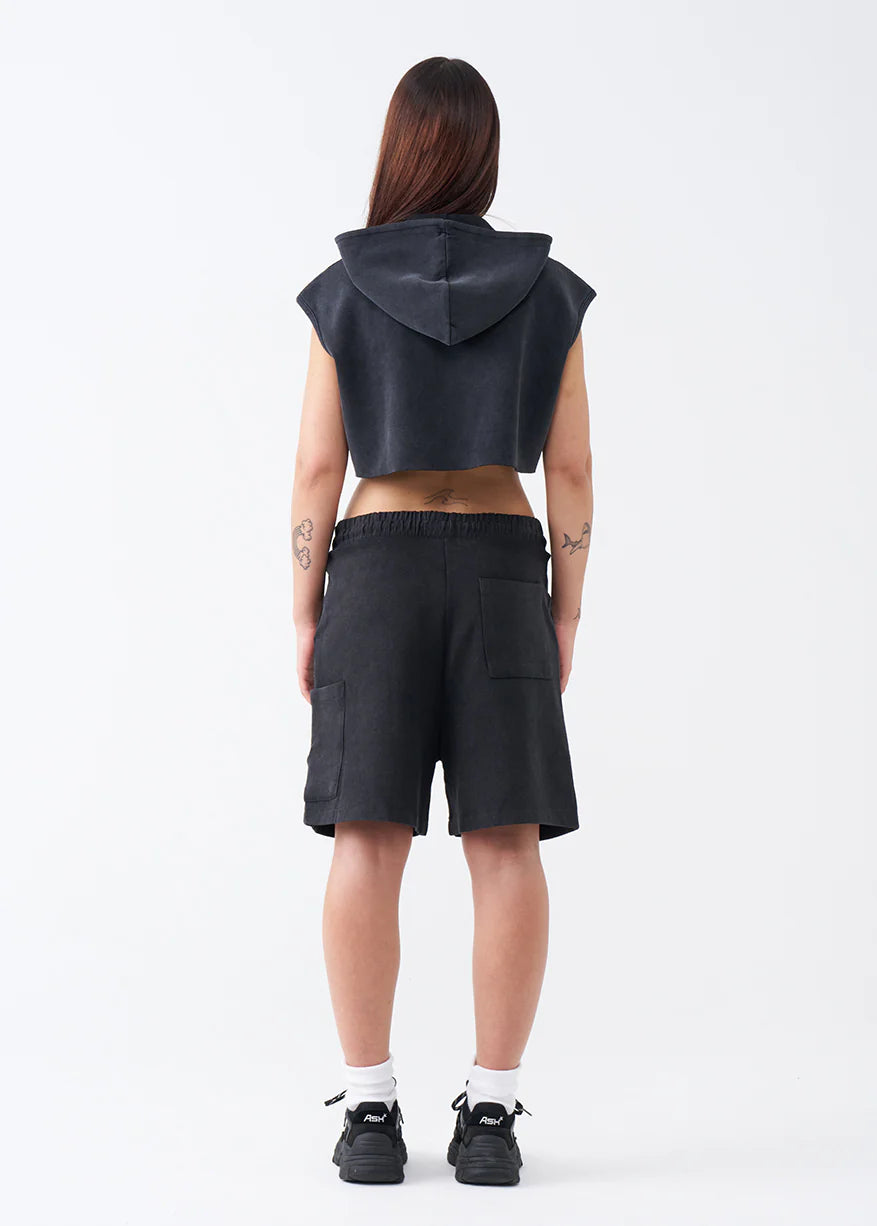 14 OZ Womens Sleeveless Garment Dye Interlock Hooded Crop Top Short Set