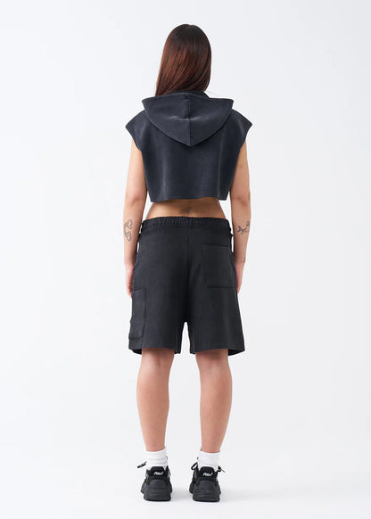 14 OZ Womens Sleeveless Garment Dye Interlock Hooded Crop Top Short Set