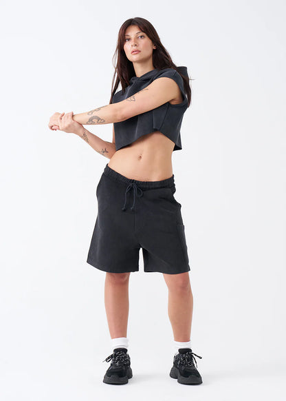 14 OZ Womens Sleeveless Garment Dye Interlock Hooded Crop Top Short Set