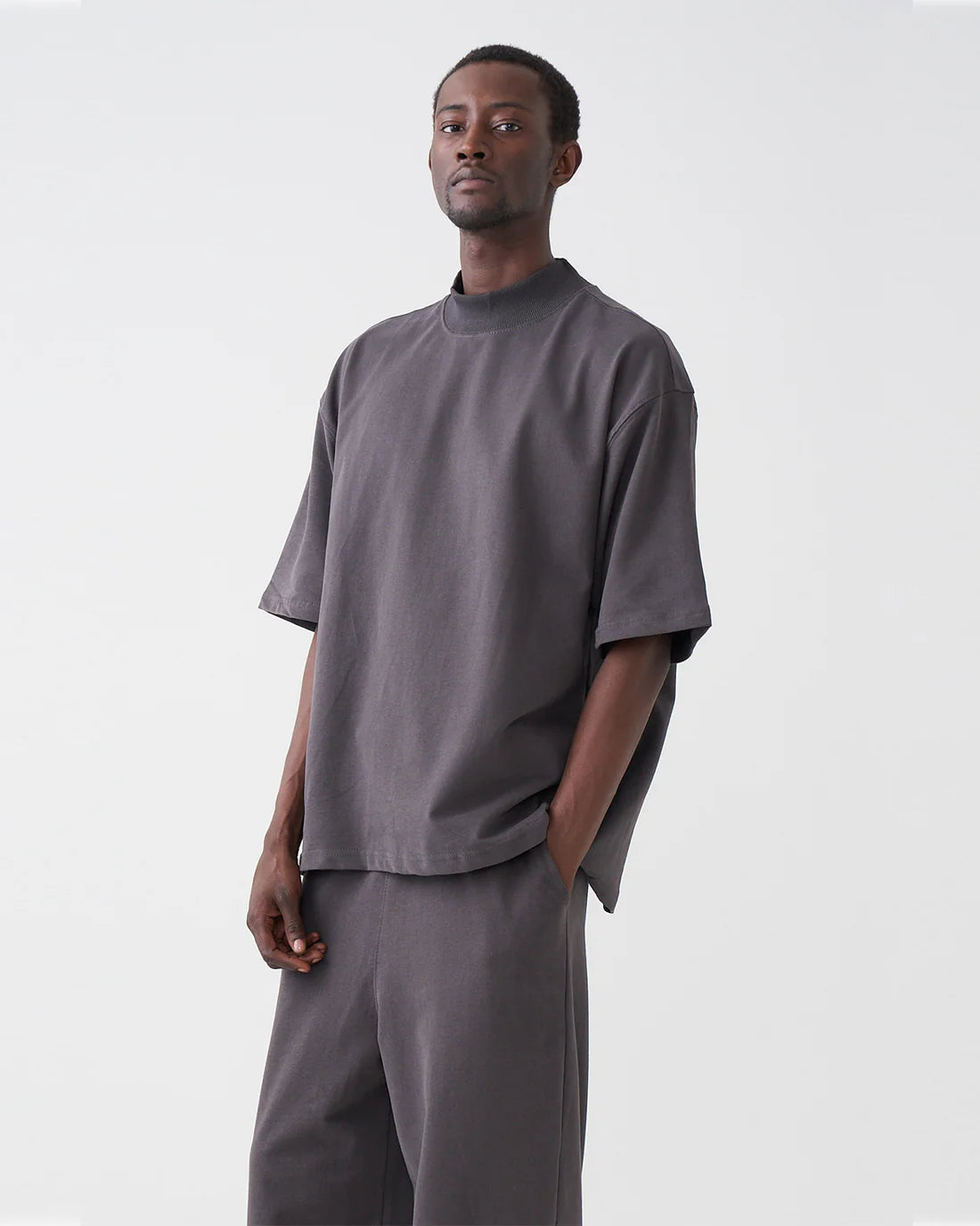 Luxury 7.5 OZ Peached French Terry Mock Neck Oversized Boxy Tee and Oversized Open Leg Sweatpants