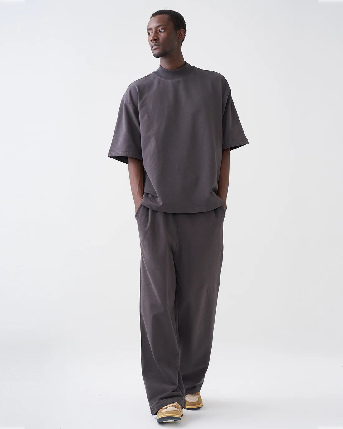 Luxury 7.5 OZ Peached French Terry Mock Neck Oversized Boxy Tee and Oversized Open Leg Sweatpants