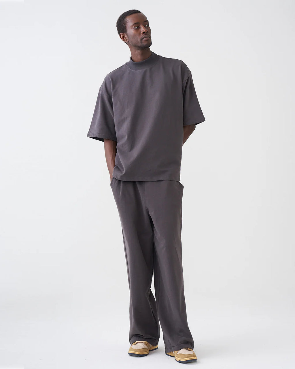 Luxury 7.5 OZ Peached French Terry Mock Neck Oversized Boxy Tee and Oversized Open Leg Sweatpants