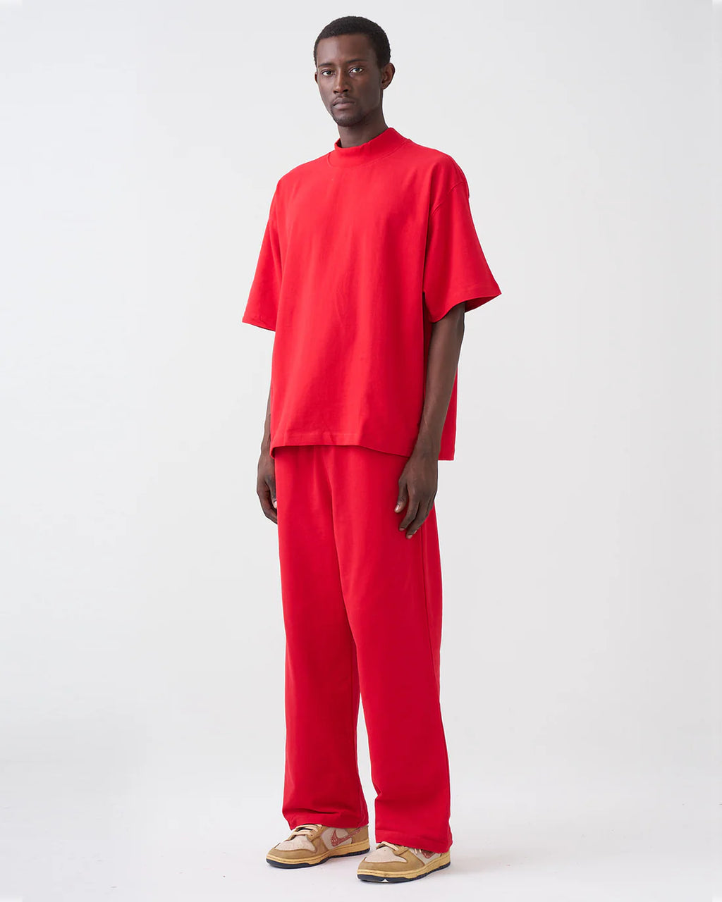 Luxury 7.5 OZ Peached French Terry Mock Neck Oversized Boxy Tee and Oversized Open Leg Sweatpants