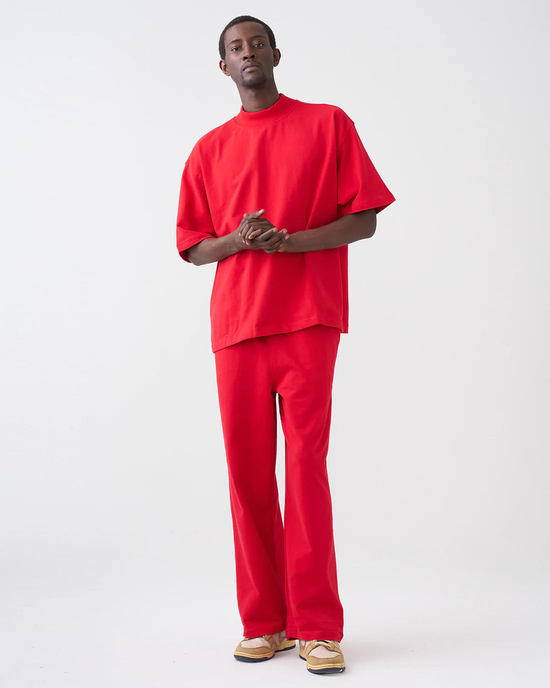 Luxury 7.5 OZ Peached French Terry Mock Neck Oversized Boxy Tee and Oversized Open Leg Sweatpants