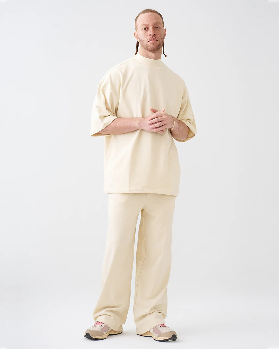 Luxury 7.5 OZ Peached French Terry Mock Neck Oversized Boxy Tee and Oversized Open Leg Sweatpants