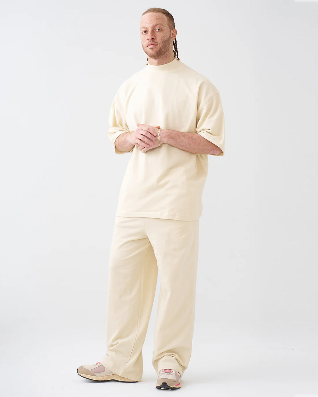 Luxury 7.5 OZ Peached French Terry Mock Neck Oversized Boxy Tee and Oversized Open Leg Sweatpants